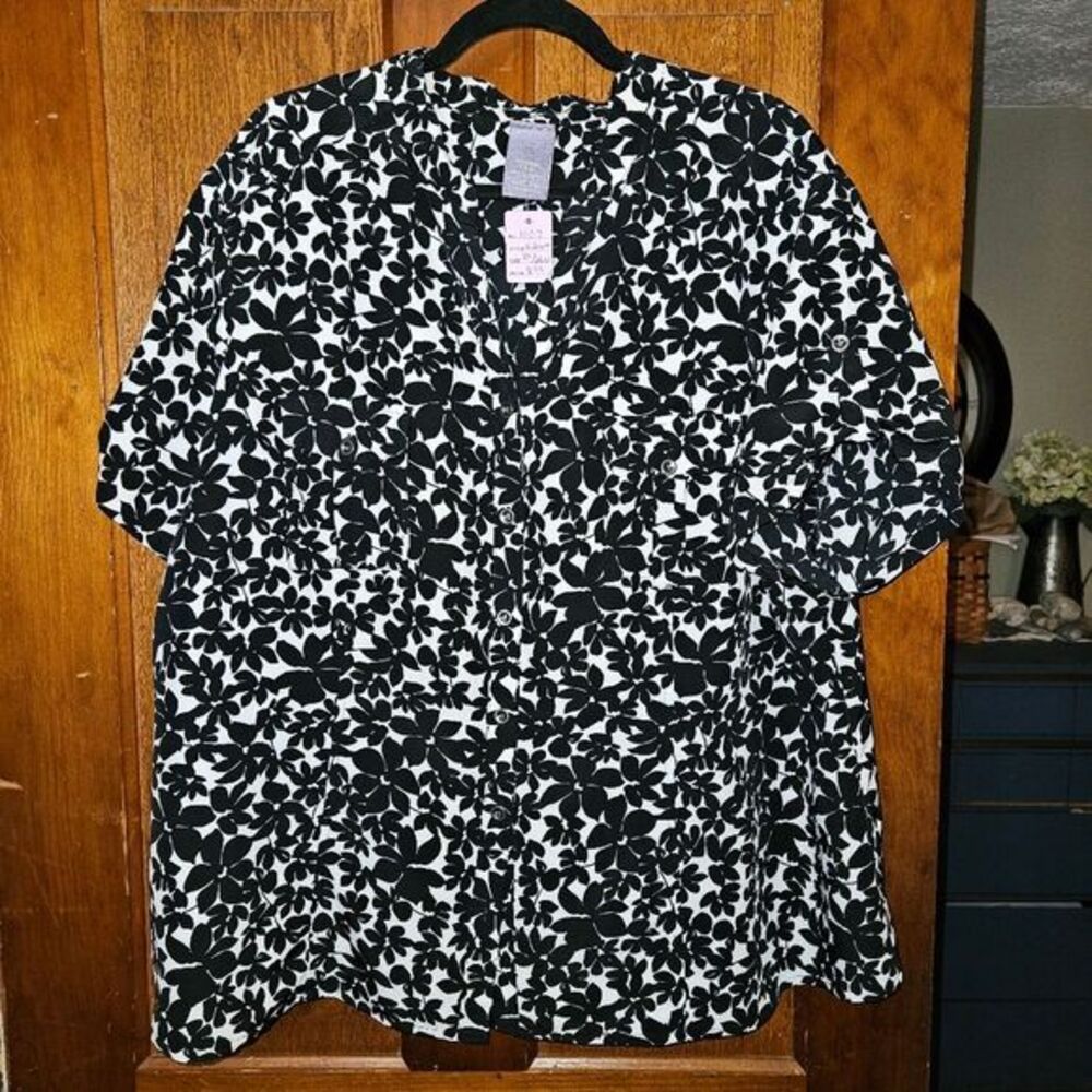 Laura Scott Black White Floral Blouse Button Front Career Top 3X  Size 24/26‎